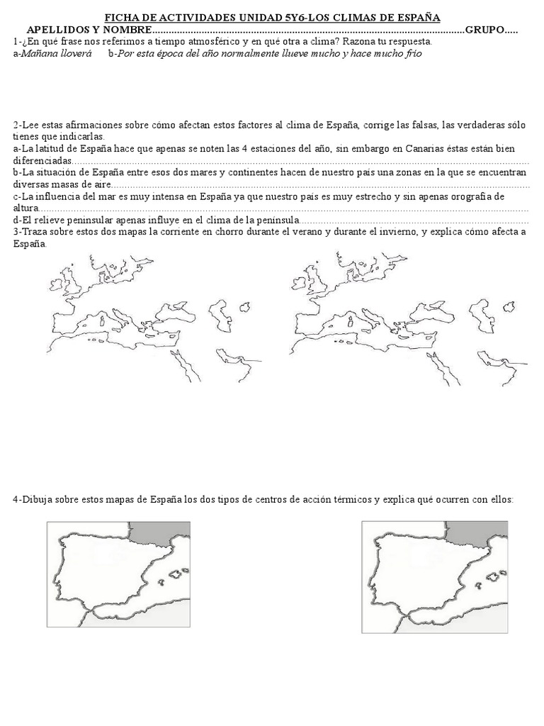 Ficha De Actividades Unidad 5y6 Los Climas De EspaÑa Clima