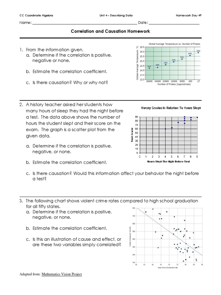 20 - Correlation and Causation Homework  PDF Pertaining To Correlation Vs Causation Worksheet