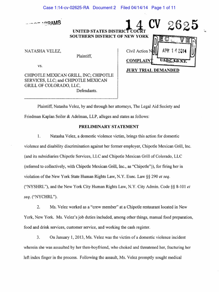 Complaint - Velez v. Chipotle | Damages | Victimology