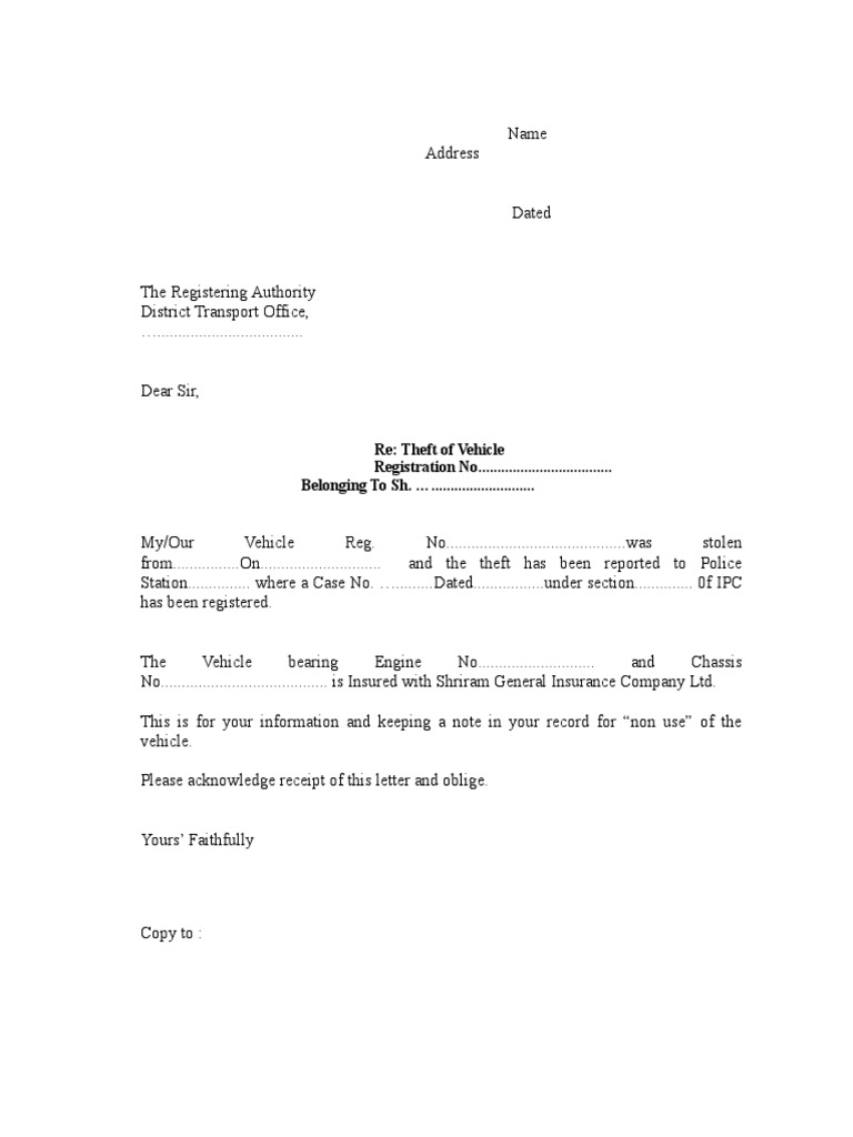 Format Letter To RTO For Vehicle Theft  PDF  Theft  Private Law