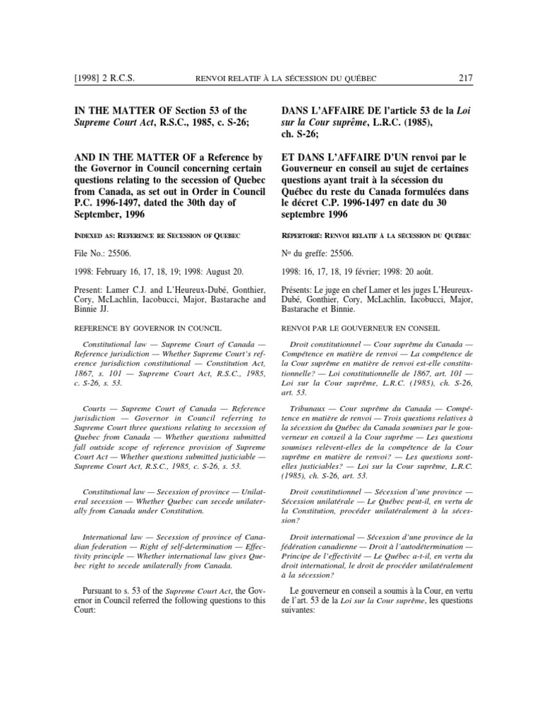 Re Secession Of Quebec , The Canadian Contribution to a Comparative Law ...