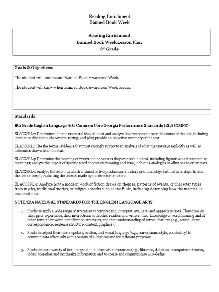 8th Grade Banned Book Week Lesson Plan | PDF | Publishing | Controversies