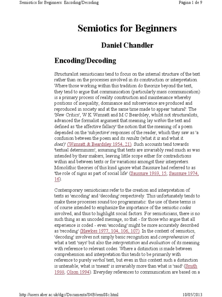 1998 CHANDLER Encoding Decoding Sem For Beginners | PDF | Code | Semiotics