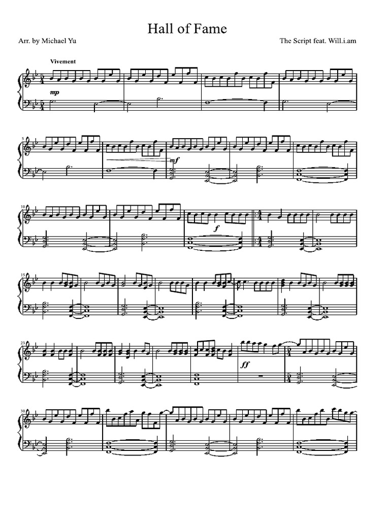 The Script - Hall of Fame Piano Sheet Music