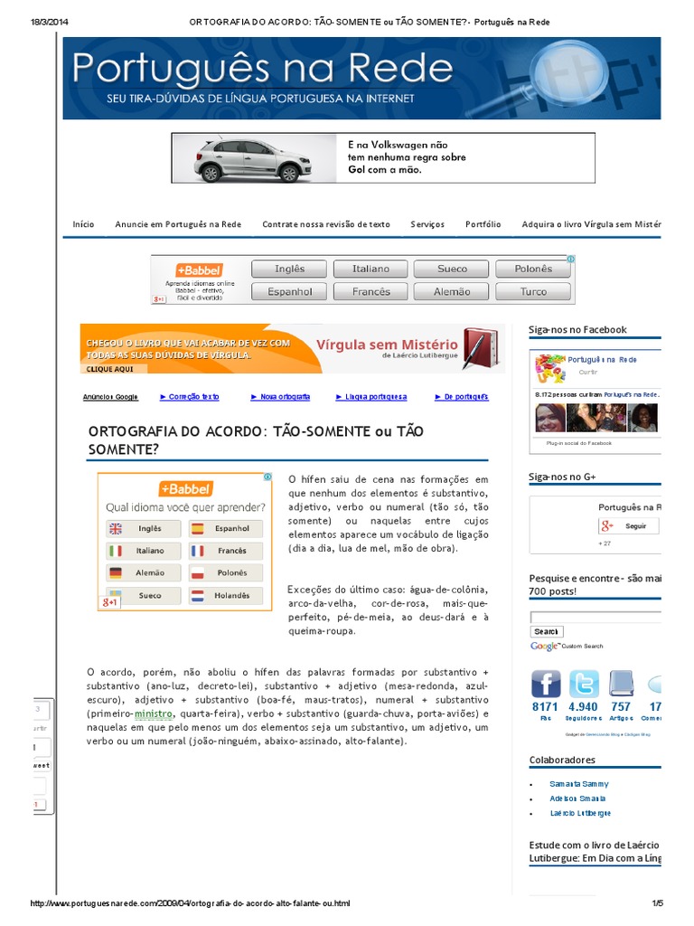 ORTOGRAFIA DO ACORDO - TÃO-SOMENTE Ou TÃO SOMENTE - Português Na Rede ...