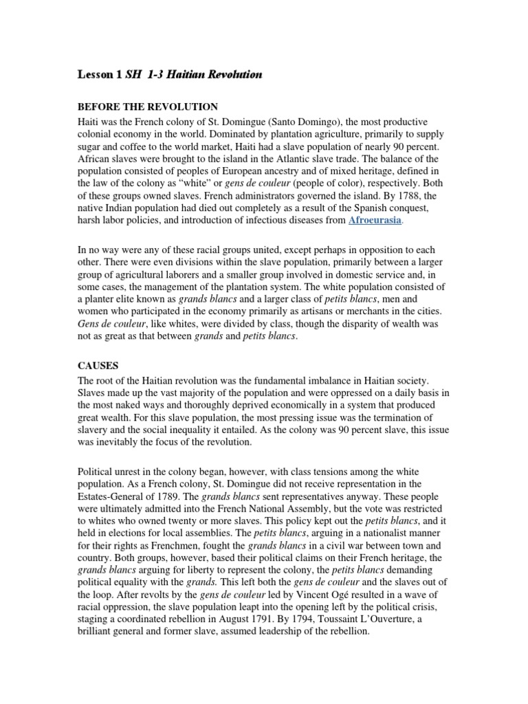 lesson 1 sh 1-3 haitian revolution | Haiti | Slavery