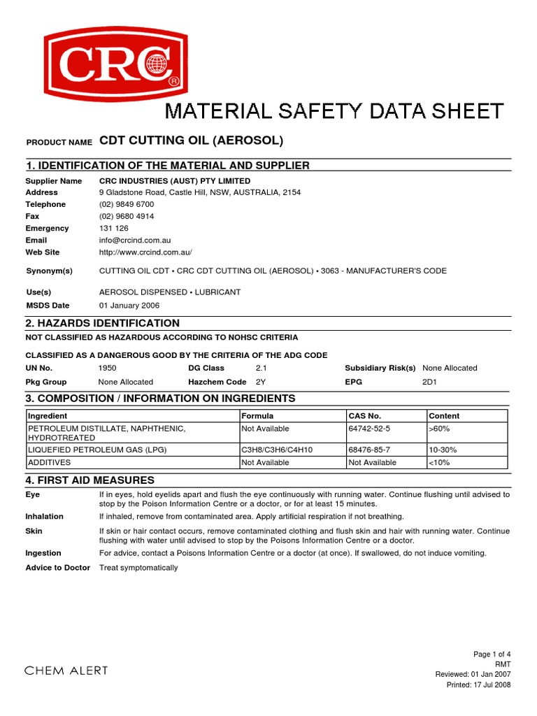 CDT Cutting Oil (Aerosol) CRC Ind Download Free PDF Personal