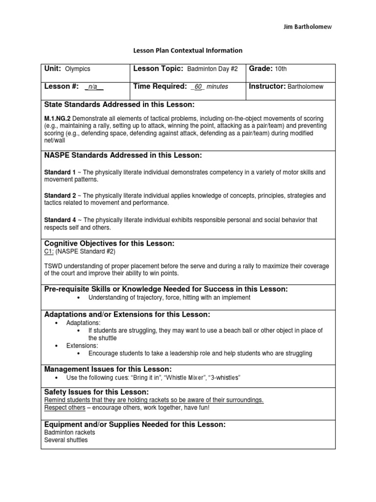 Badminton Lesson Plan 2 PDF Lesson Plan Competence (Human Resources)