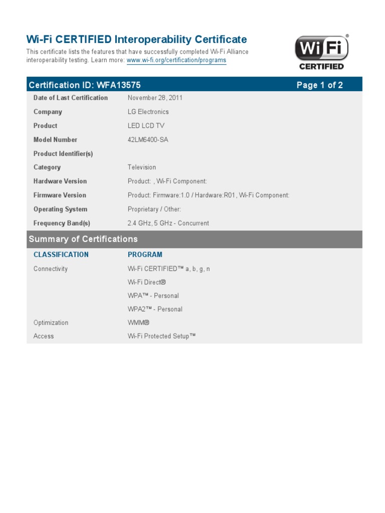 Wi-Fi CERTIFIED Interoperability Certificate: Page 1 of 2 Certification ...