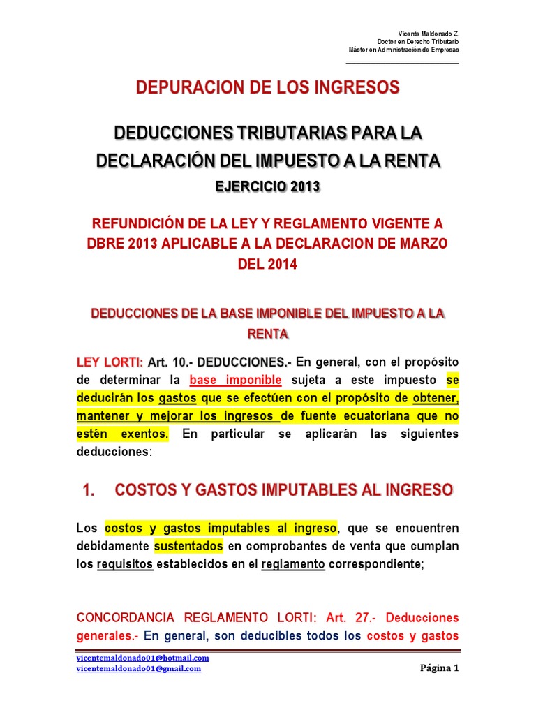 Deducciones Del Impuesto A La Renta Ley y Reglamento A Dbro 2013 | PDF ...