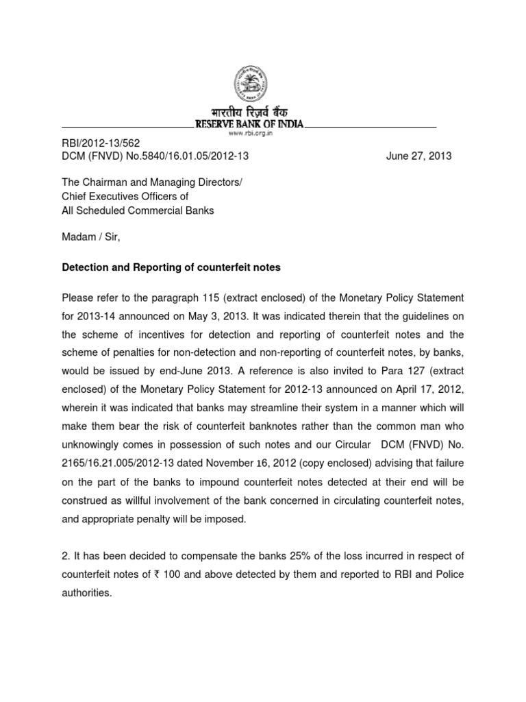 Reporting of Counterfeit Notes Banknote Reserve Bank Of India