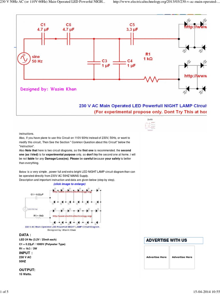 AC Operated LED NIGHT LAMP Circuit Diagram PDF Series And Parallel