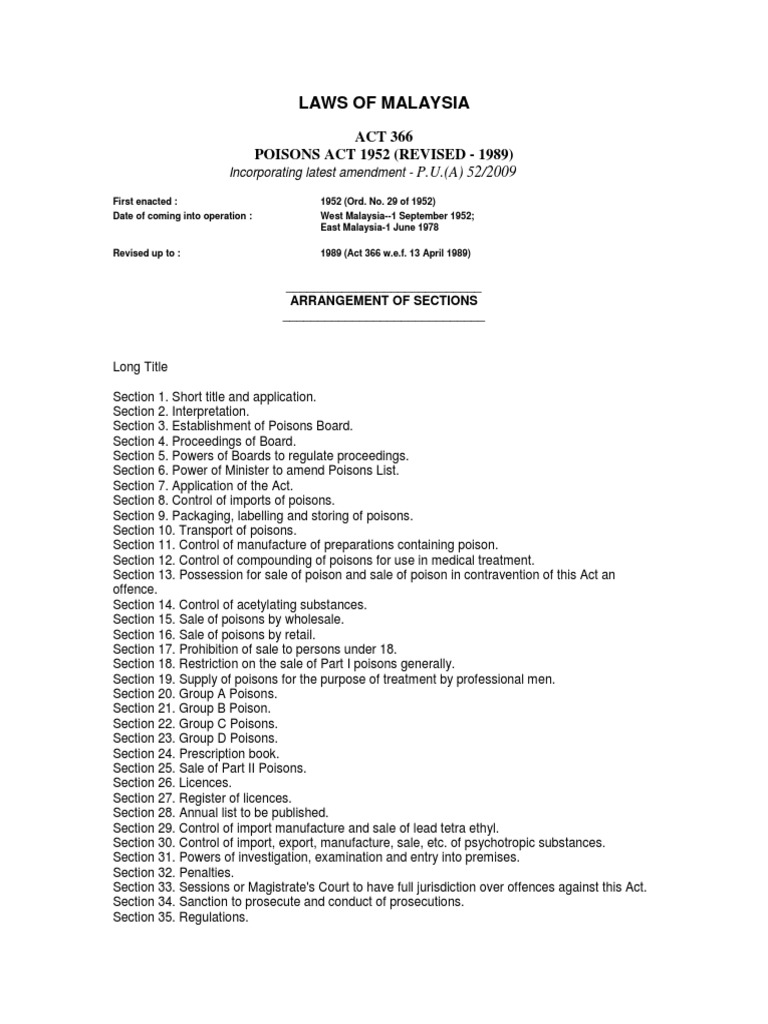Malaysia Poisons Act 1952 Overview | PDF | Medical Prescription | License