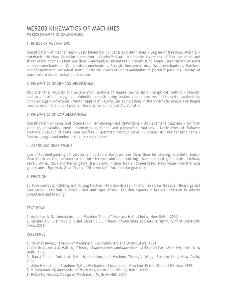 Kinematics of Machines Syllabus | PDF | Gear | Kinematics
