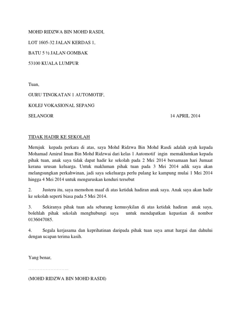 Surat Rasmi Sebab Tidak Hadir Ke Sekolah