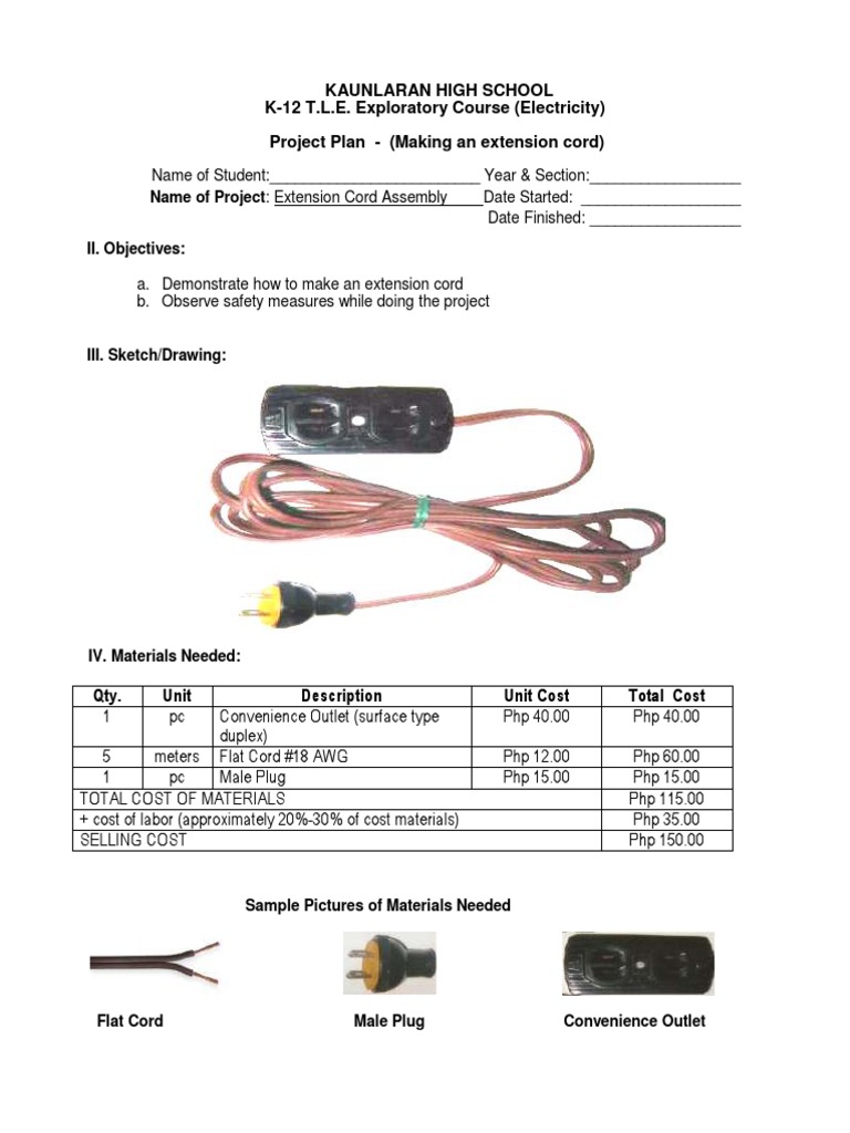Project Plan Extension Cord Electrical Connector Wire