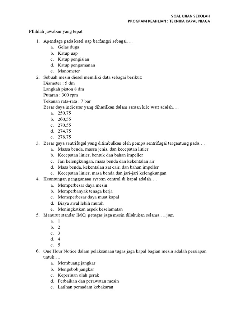 Latihan Soal Teori Kejuruan Teknika Kapal Niaga Smk Pelayaran