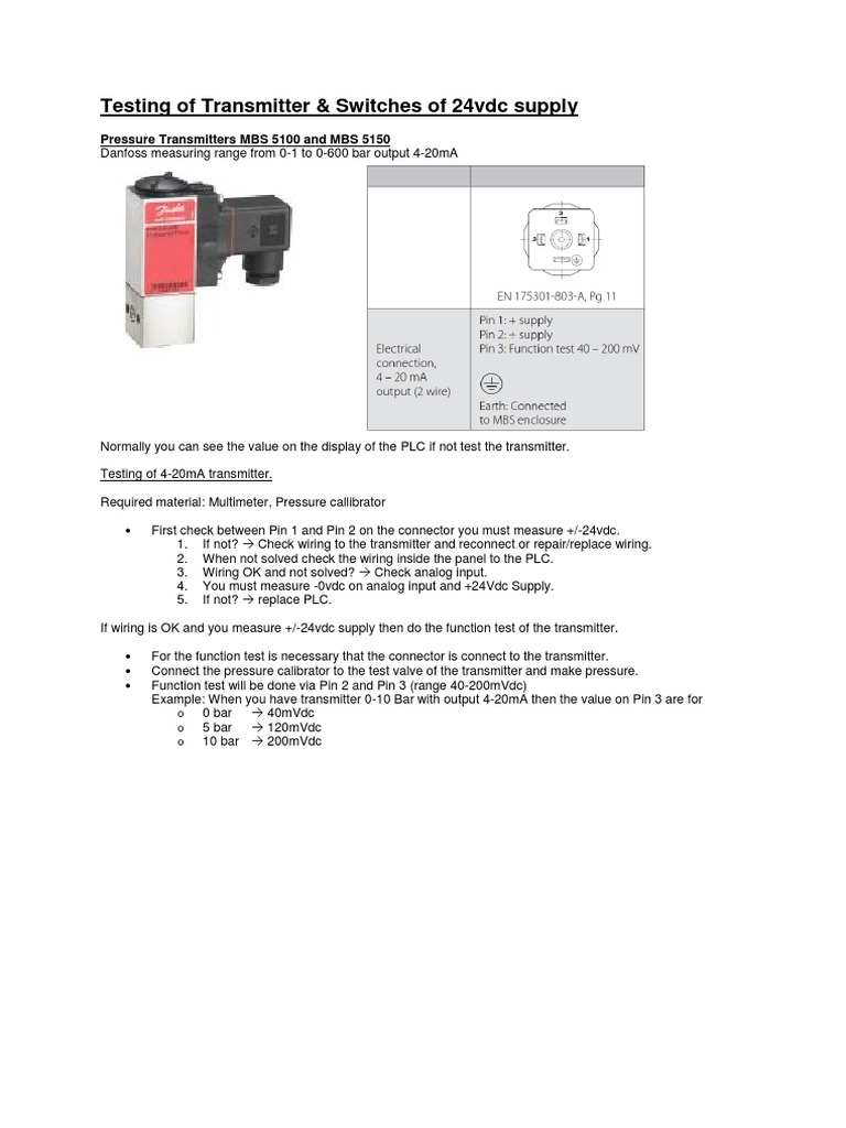 Testing Danfoss Transmitters & Switches | PDF | Switch | Electrical Wiring