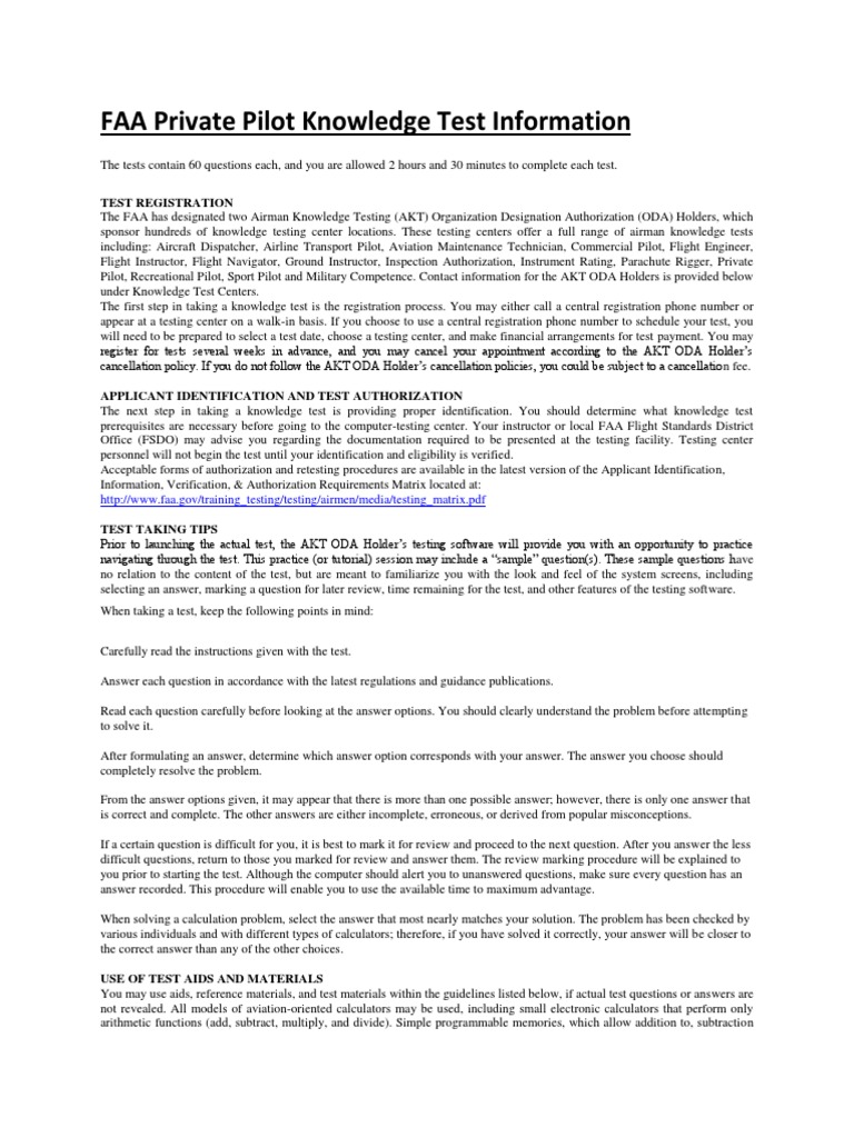 faa private pilot knowledge test information Pilot (Aeronautics
