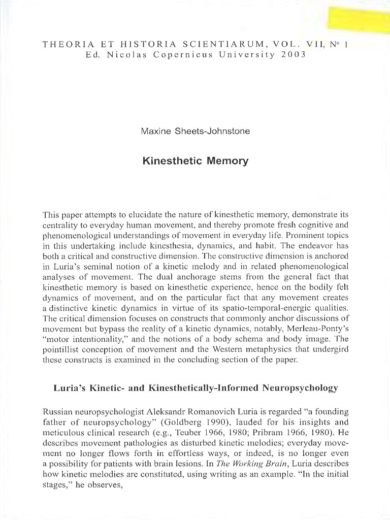 SheetsJohnstone Kinesthetic Memory PDF Perception Phenomenology