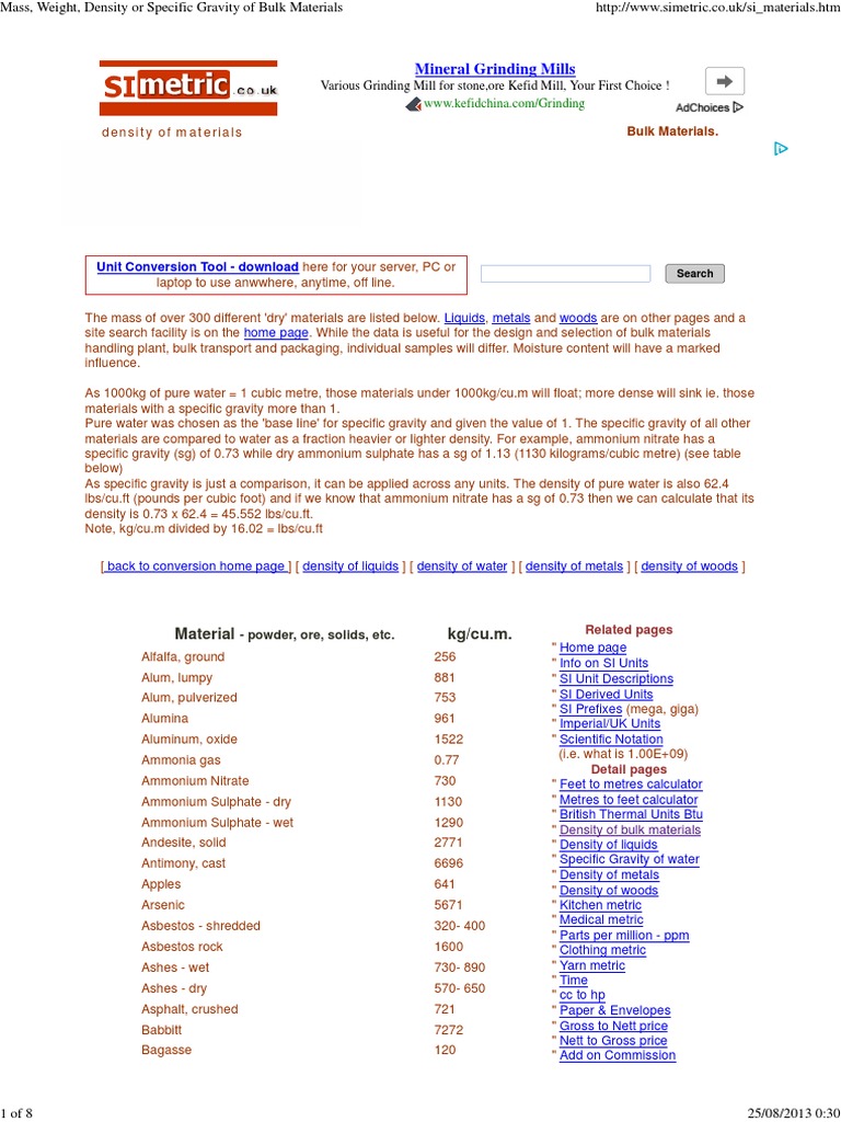 Mass, Weight, Density or Specific Gravity of Bulk Materials PDF | PDF ...