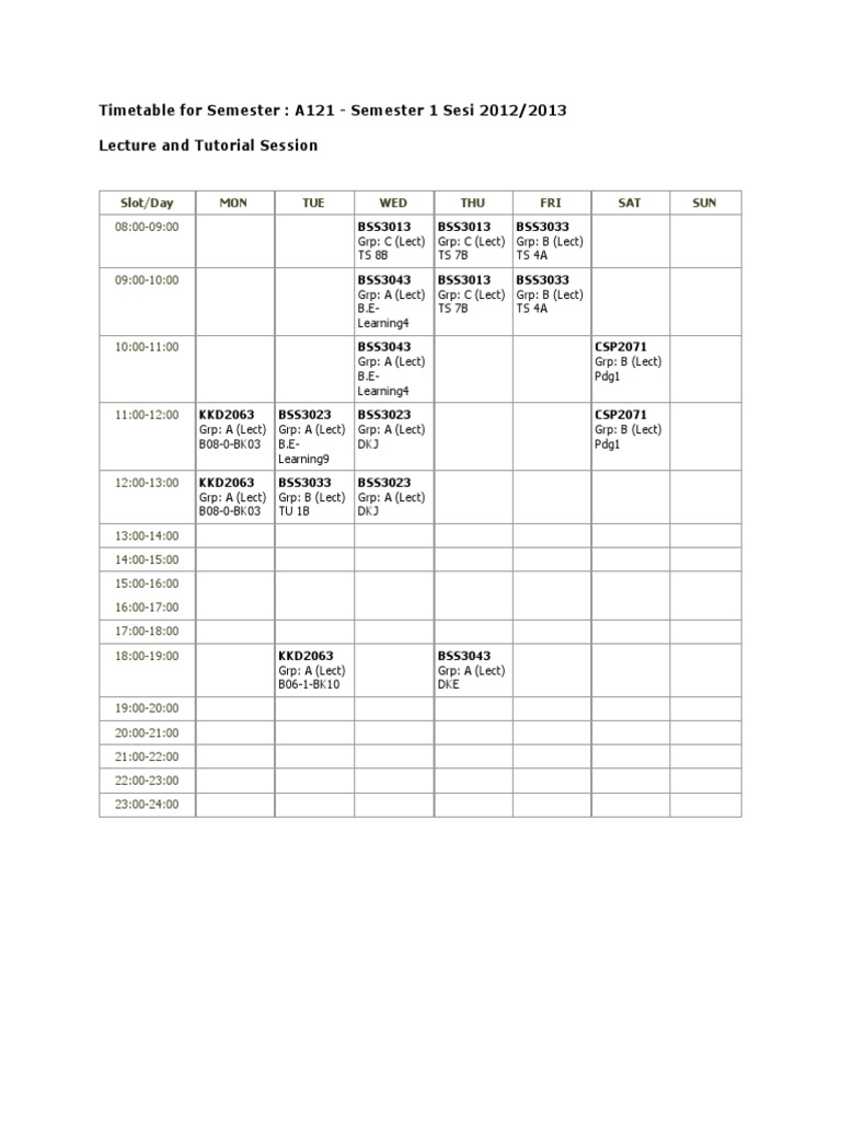 Timetable For Semester: A121 - Semester 1 Sesi 2012/2013 Lecture and ...