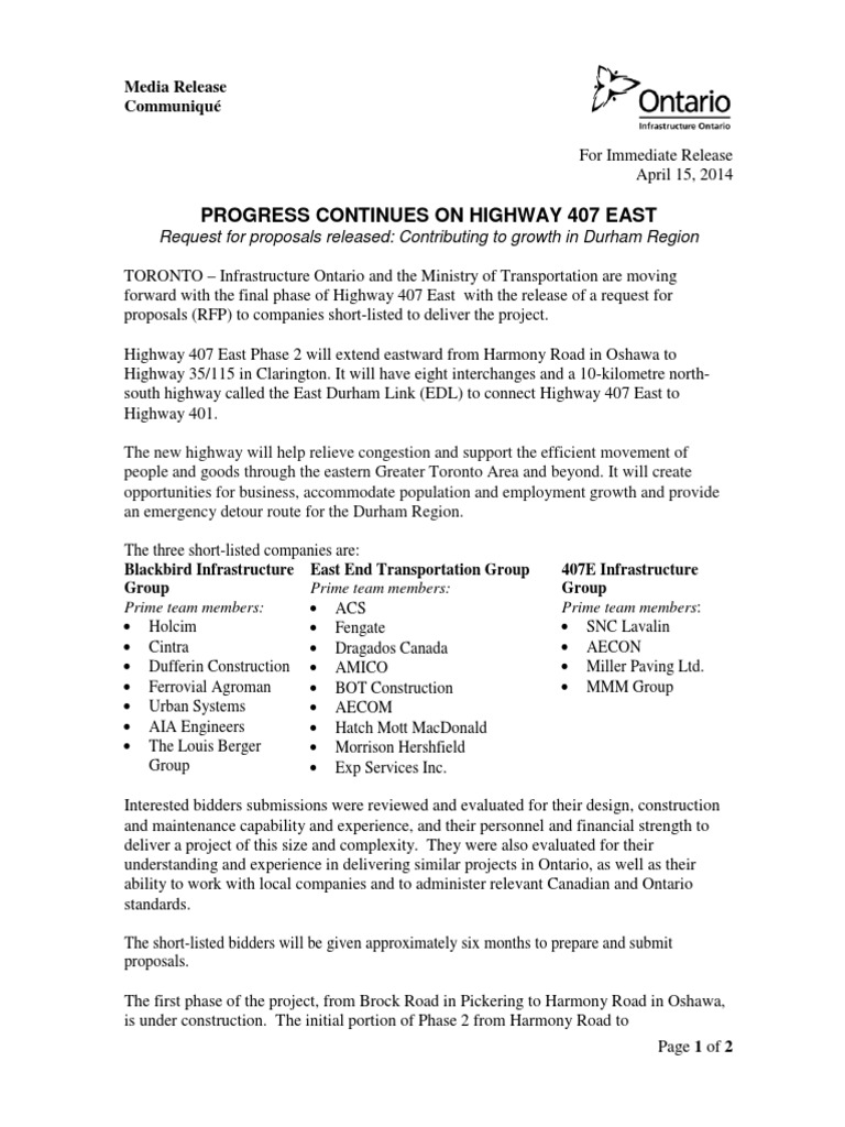 NR - Hwy 407 East - Shortlisted Bidders and RFP Release - April 15 ...