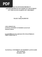Download IMPACTS OF FOOD PRODUCT ADVERTISEMENTS OF PAKISTAN TELEVISION ON THE EATING HABITS OF CHILDREN by Malik Tariq Mahmood SN21866164 doc pdf