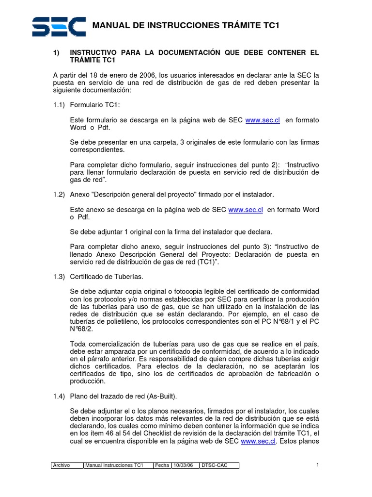 Instrucciones para Trámite TC1 | PDF | Tubería (transporte de fluidos ...