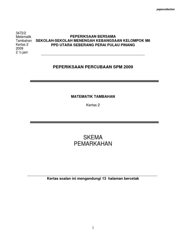 SPM 2009 Add Maths Paper 2 Marking Scheme | PDF