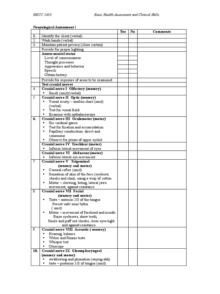 Performance checklist neurological assessment neuroanatomy nervous
