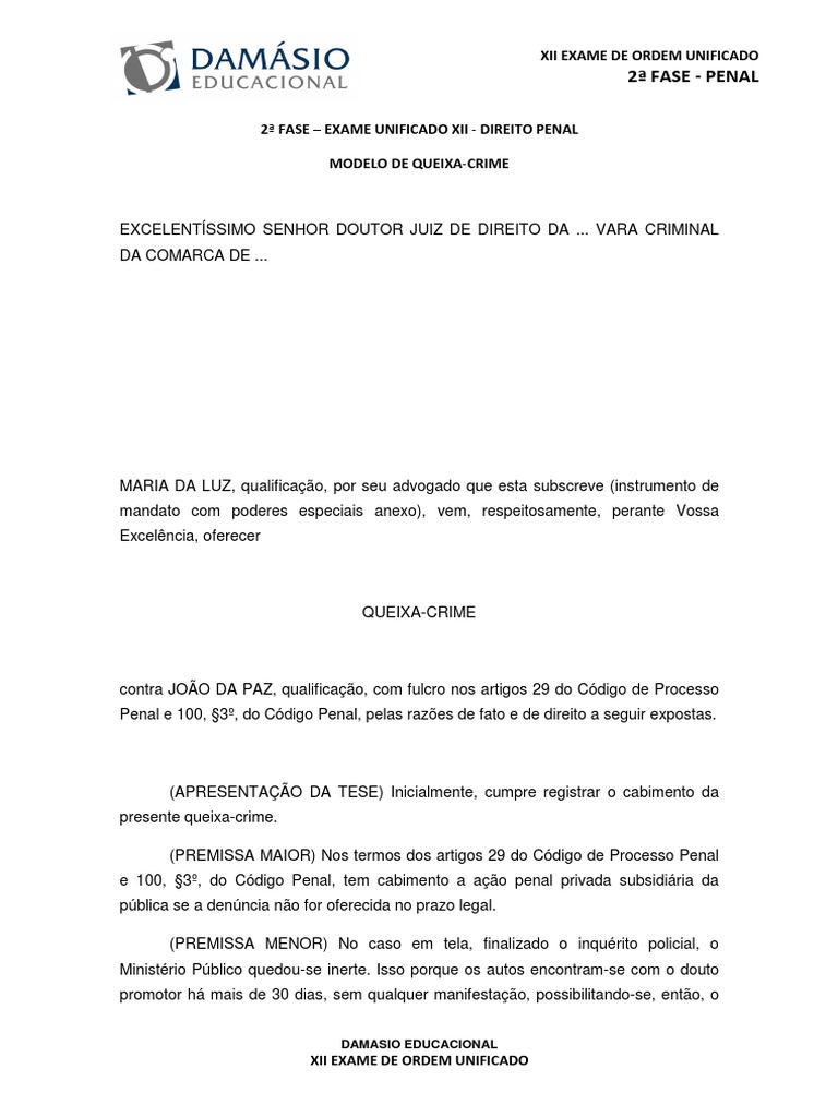Modelo de Queixacrime  Procedimento criminal  Lei criminal