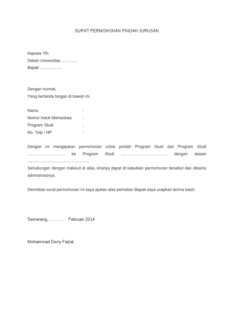 Surat Permohonan Pindah Jurusan