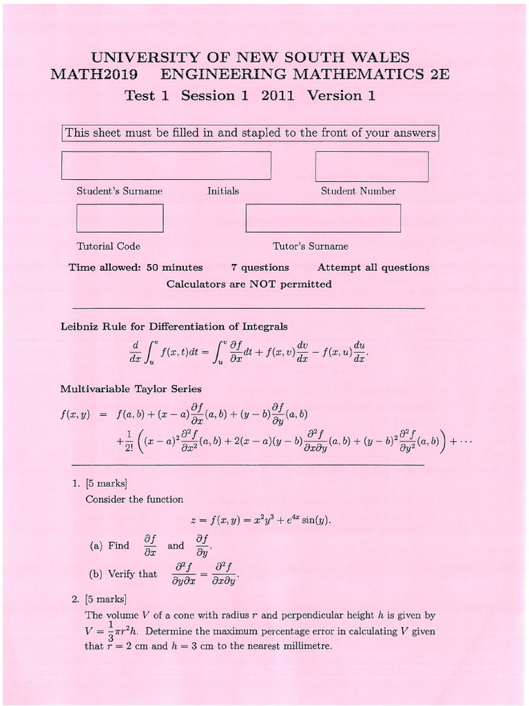 MATH2019 Test 1 Solutions | PDF