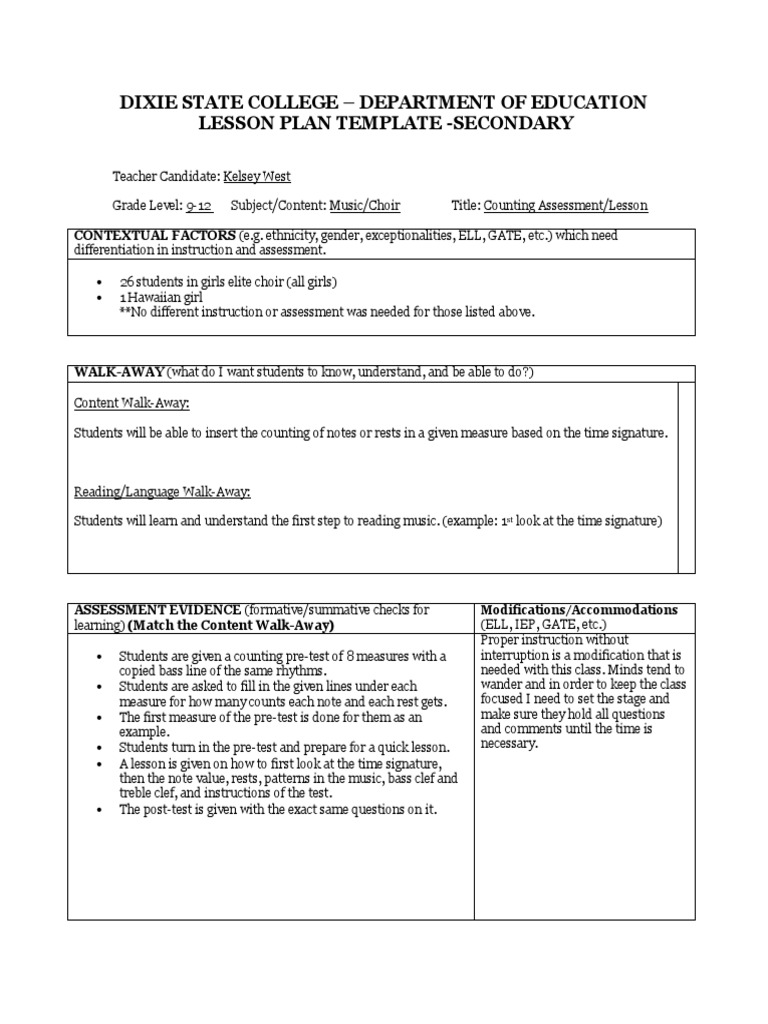 Choir Lesson Plan Educational Assessment Clef