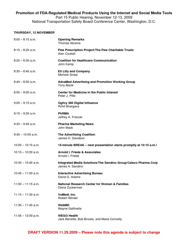 FDA Public Hearing Speaker Schedule Pharmaceutical Industry Healthcare Industry