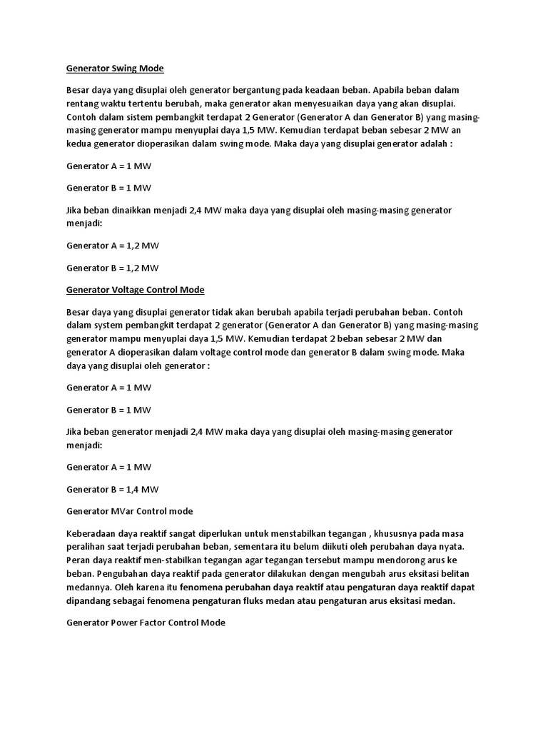 Mode Operasi Generator dan Daya Supplied | PDF