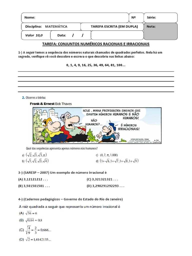 Tarefa 9 Ano - Números Racionais e Irracionais | PDF