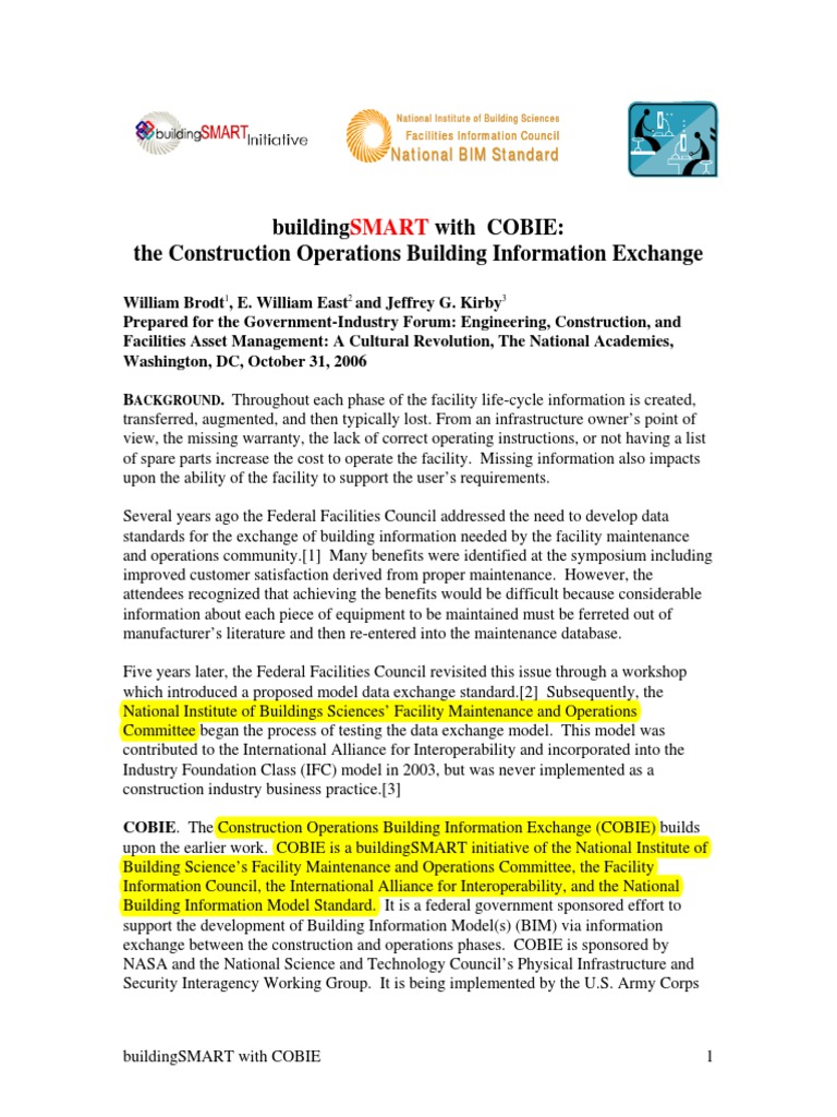 BuildingSMART With COBIE The Construction Operations Building