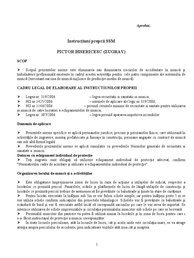 Instructiuni Proprii SSM ZUGRAV | PDF