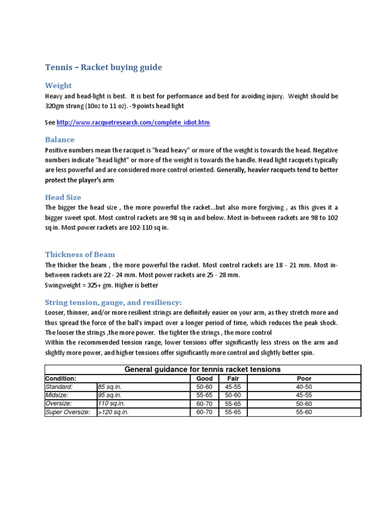 Tennis Racket Buying Guide PDF Sports Nature