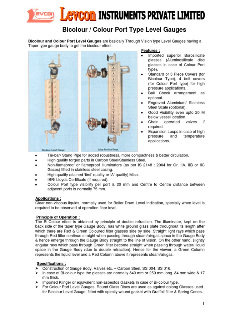 Bicolor Level Gauge Specifications | PDF | Valve | Color