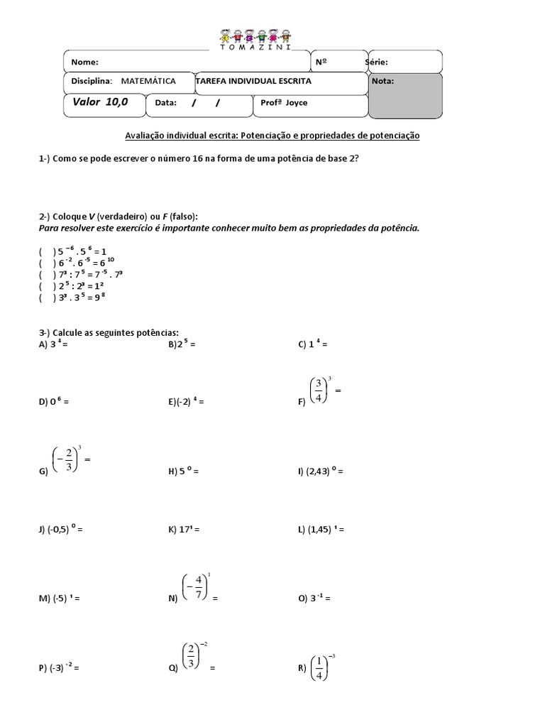 Atividade de Potenciação 9º Ano | PDF