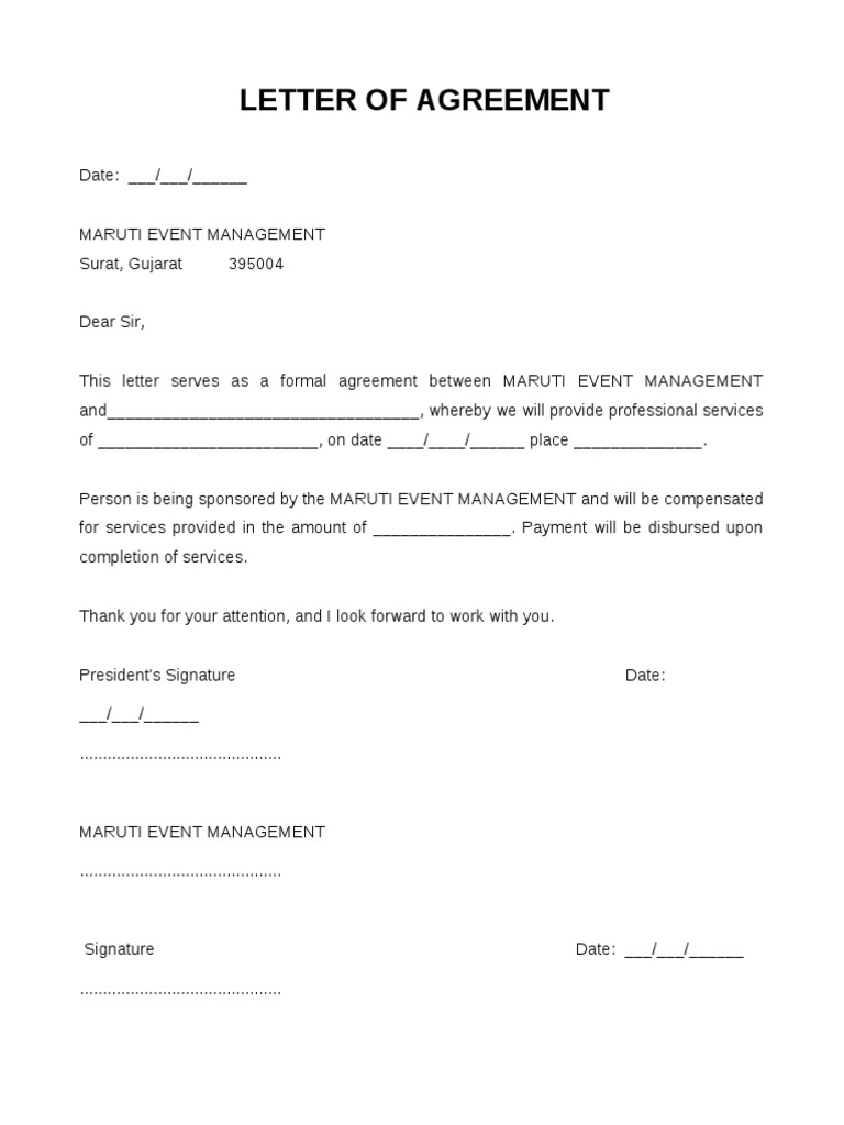 Letter Of Agreement Sample Letter Of Agreement Template In Word Doc