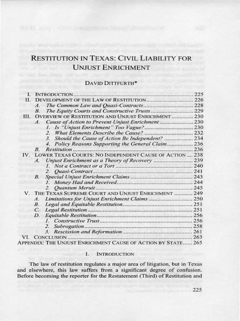 Texas Unjust Enrichment Law PDF Restitution Equity (Law)