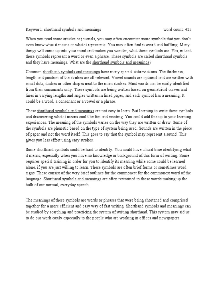 Shorthand Symbols and Meanings Shorthand Symbols