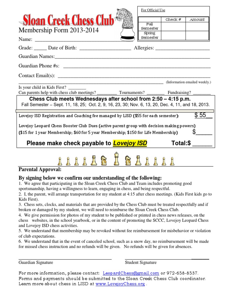 Lovejoy Chess Club Membership Form 2013-14 | PDF | Chess | Academic Term
