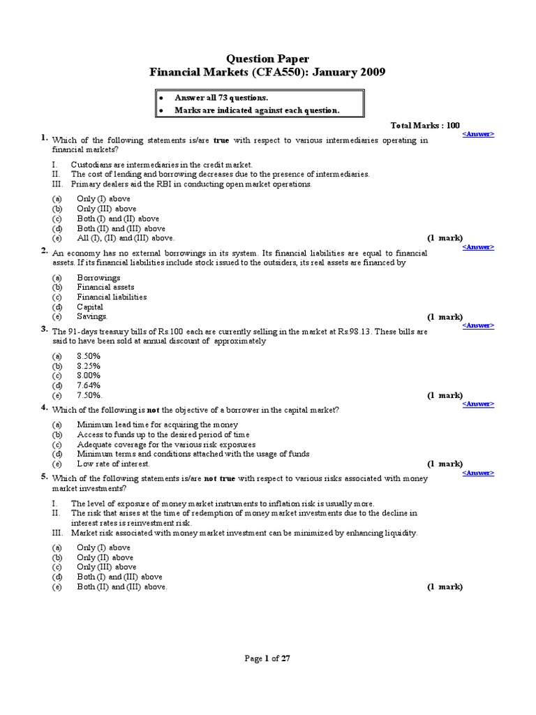 Question Paper Financial Markets (CFA550) January 2009