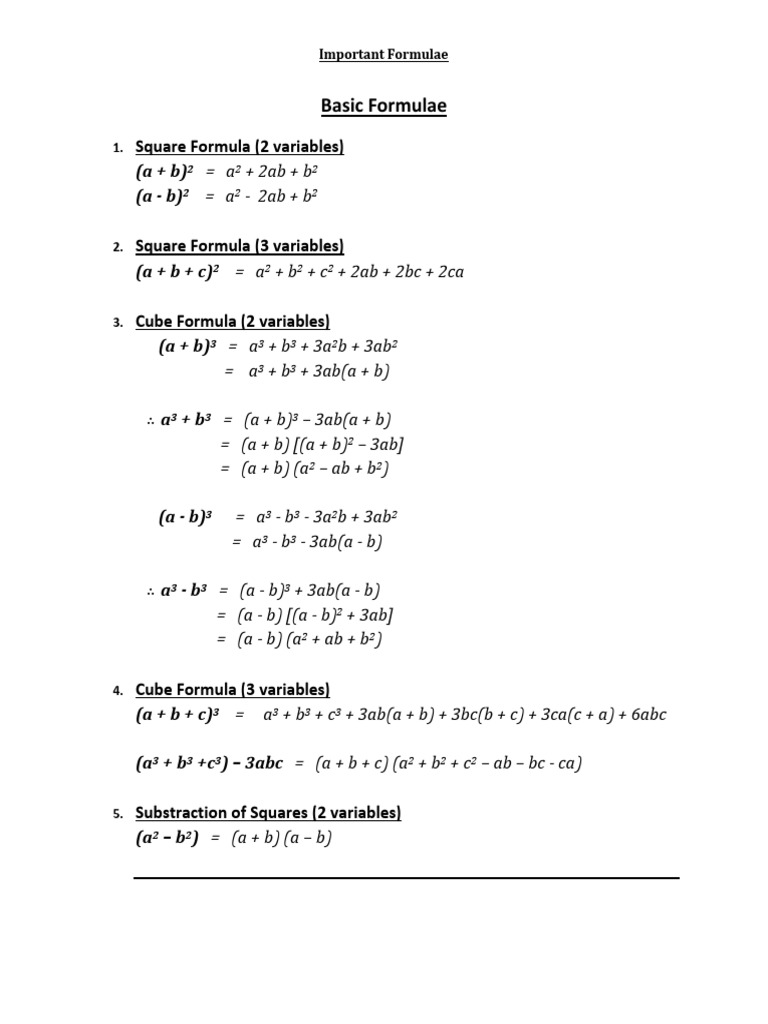 Basic Formulae Square Formula 2 Variables