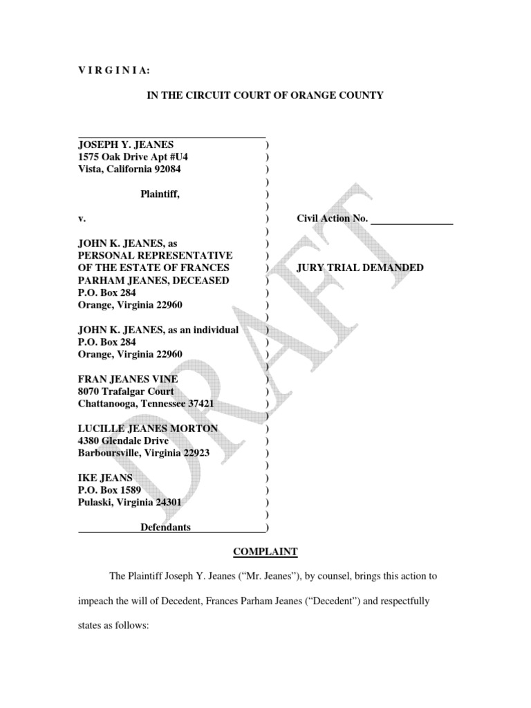 Complaint v1 (Draft) Will And Testament Probate